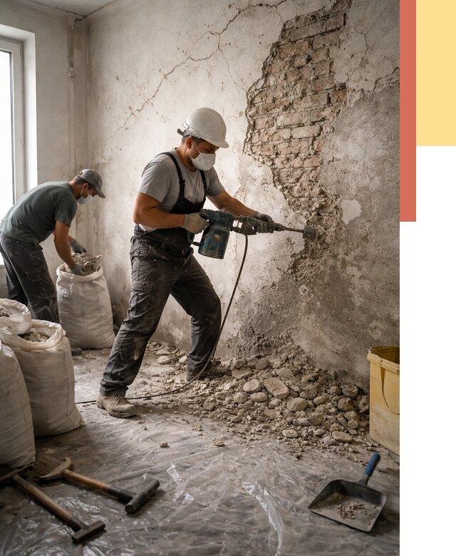 Демонтаж штукатурки со стен в Котласе от 7461 руб/м² — быстро и недорого | ОТДЕЛОЧНИК-Ктл