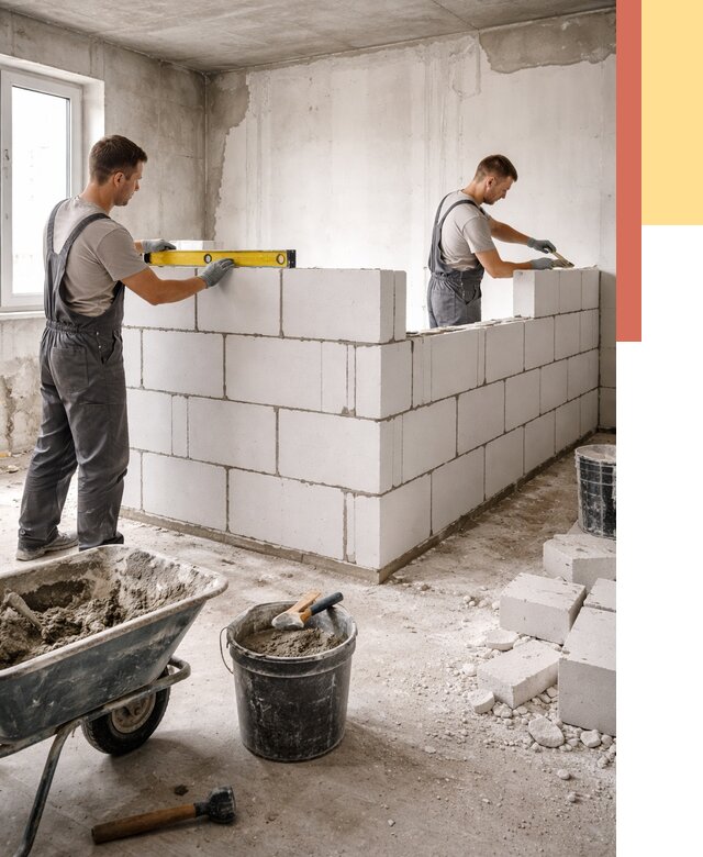 Кладка перегородок из ПГП в Котласе от 2591 руб./м2 — монтаж и возведение под ключ | ОТДЕЛОЧНИК-Ктл