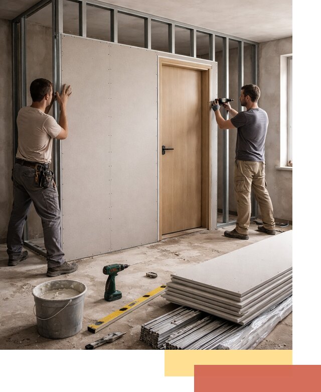 Перегородка из гипсокартона с дверью под ключ в Котласе