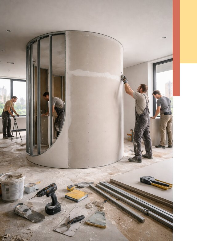 Радиусная перегородка из гипсокартона в Котласе от 3005 руб. под ключ | ОТДЕЛОЧНИК-Ктл