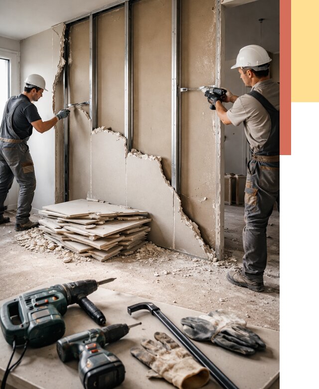 Демонтаж перегородки из гипсокартона в Котласе от 1244 руб. быстро и недорого | ОТДЕЛОЧНИК-Ктл