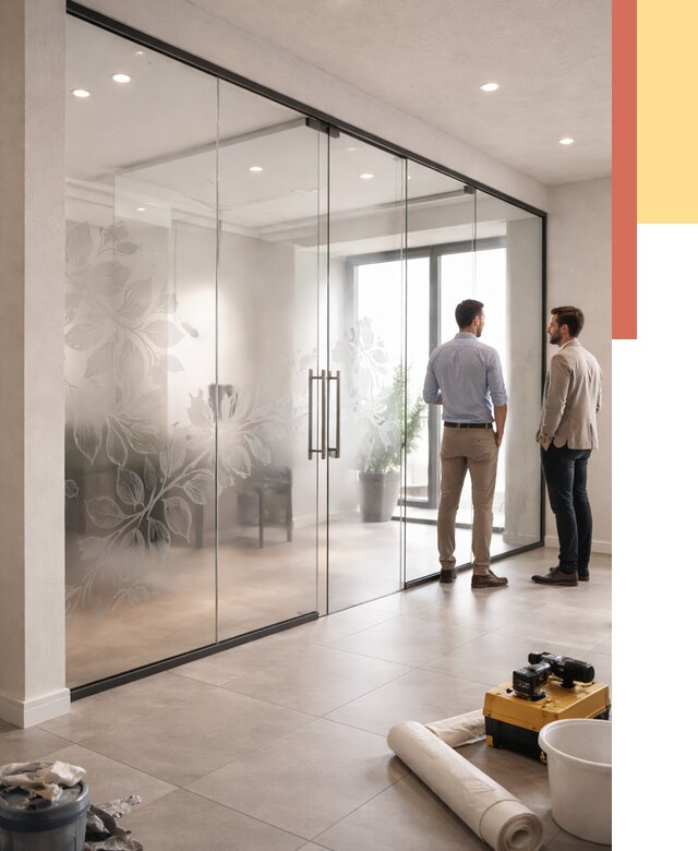 Стеклянные перегородки с рисунком в Котласе от 12954 руб. монтаж и нанесение | ОТДЕЛОЧНИК-Ктл