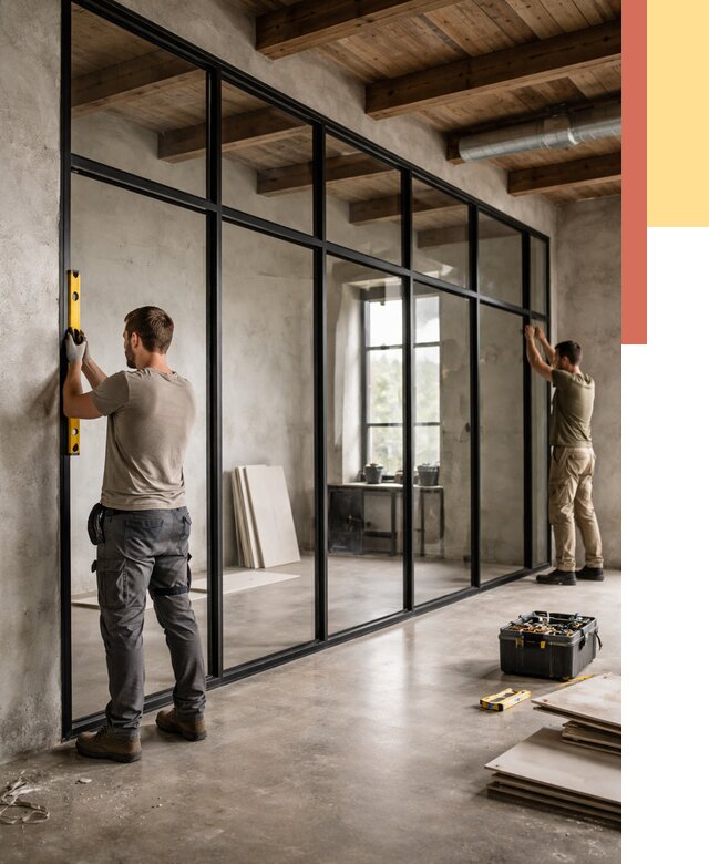 Стеклянные перегородки лофт в Котласе от 10881 руб. под ключ | ОТДЕЛОЧНИК-Ктл