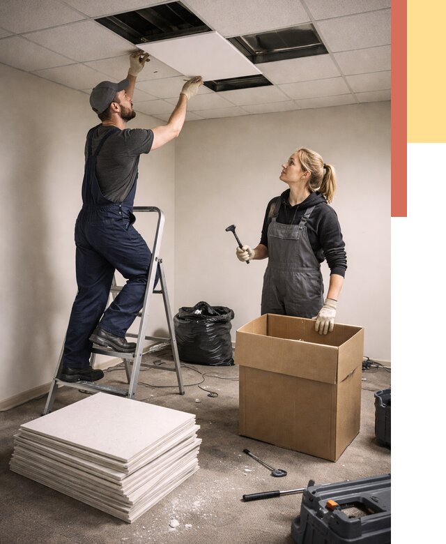 Демонтаж потолочной плитки в Котласе от 4663 руб. быстро и недорого | ОТДЕЛОЧНИК-Ктл