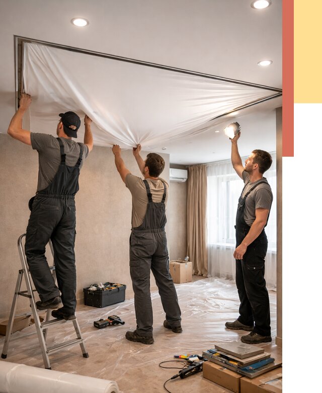 Монтаж ПВХ натяжного потолка в Котласе от 3627 руб. под ключ | ОТДЕЛОЧНИК-Ктл