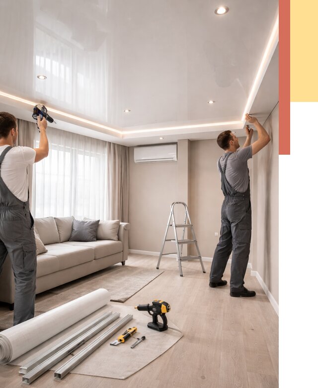 Монтаж глянцевого натяжного потолка в Котласе от 777 руб. под ключ | ОТДЕЛОЧНИК-Ктл