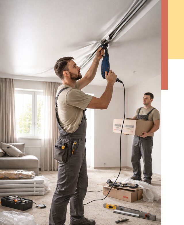 Монтаж сатинового натяжного потолка в Котласе от 3627 руб. | Быстро, недорого — ОТДЕЛОЧНИК-Ктл