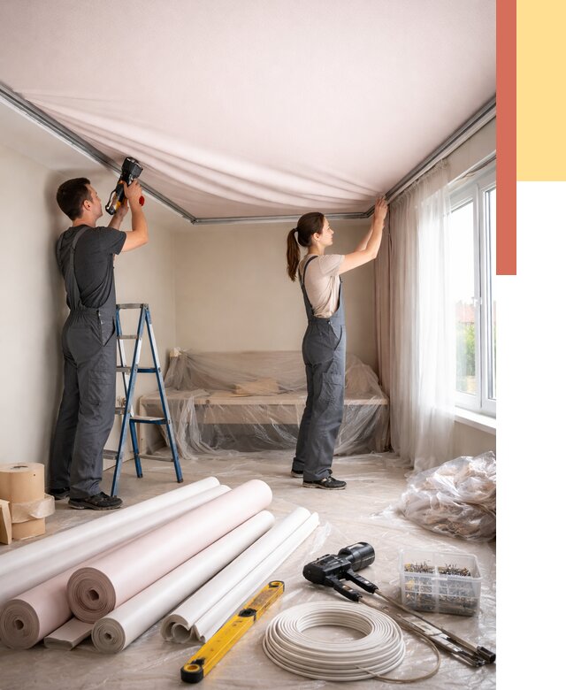 Монтаж цветного натяжного потолка в Котласе от 4352 руб/м² — быстро и недорого | ОТДЕЛОЧНИК-Ктл