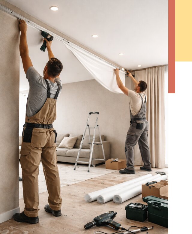 Монтаж натяжного потолка в гостиной в Котласе от 570 руб. | ОТДЕЛОЧНИК-Ктл