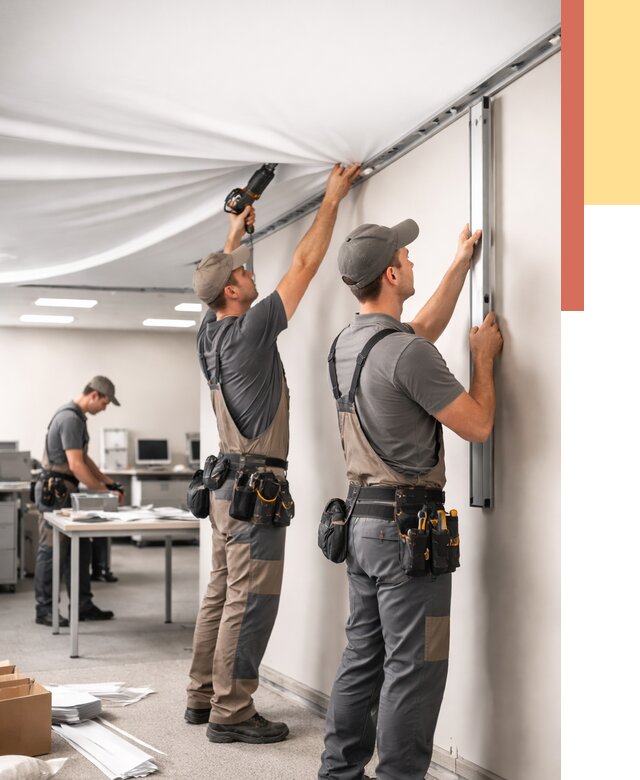 Монтаж натяжного потолка в офисе в Котласе от 466 руб/м² — быстро и недорого | ОТДЕЛОЧНИК-Ктл