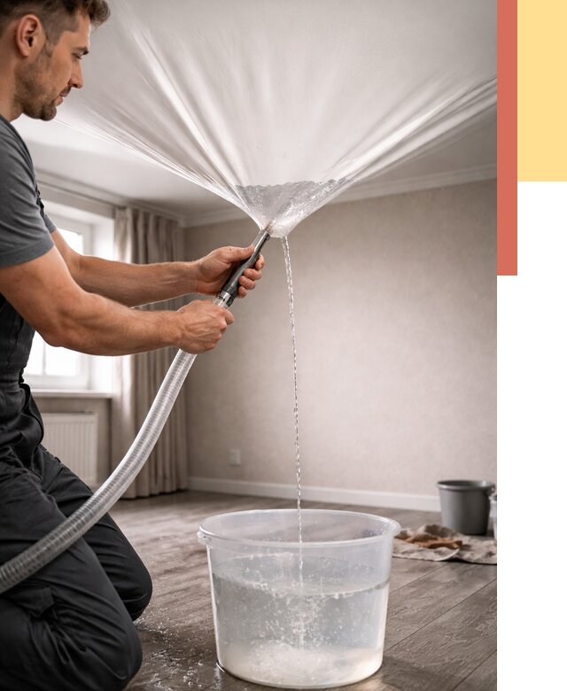 Слив воды с натяжного потолка в Котласе от 2591 руб. быстро и недорого | ОТДЕЛОЧНИК-Ктл