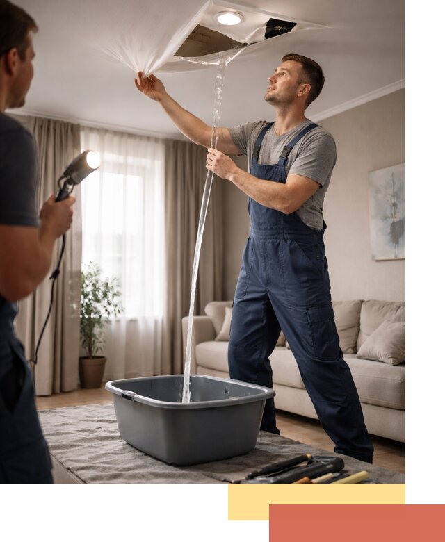 Слив воды с натяжного потолка в Котласе быстро и аккуратно