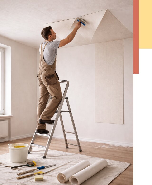 Поклейка обоев на потолок в Котласе от 4663 руб. быстро и недорого | ОТДЕЛОЧНИК-Ктл